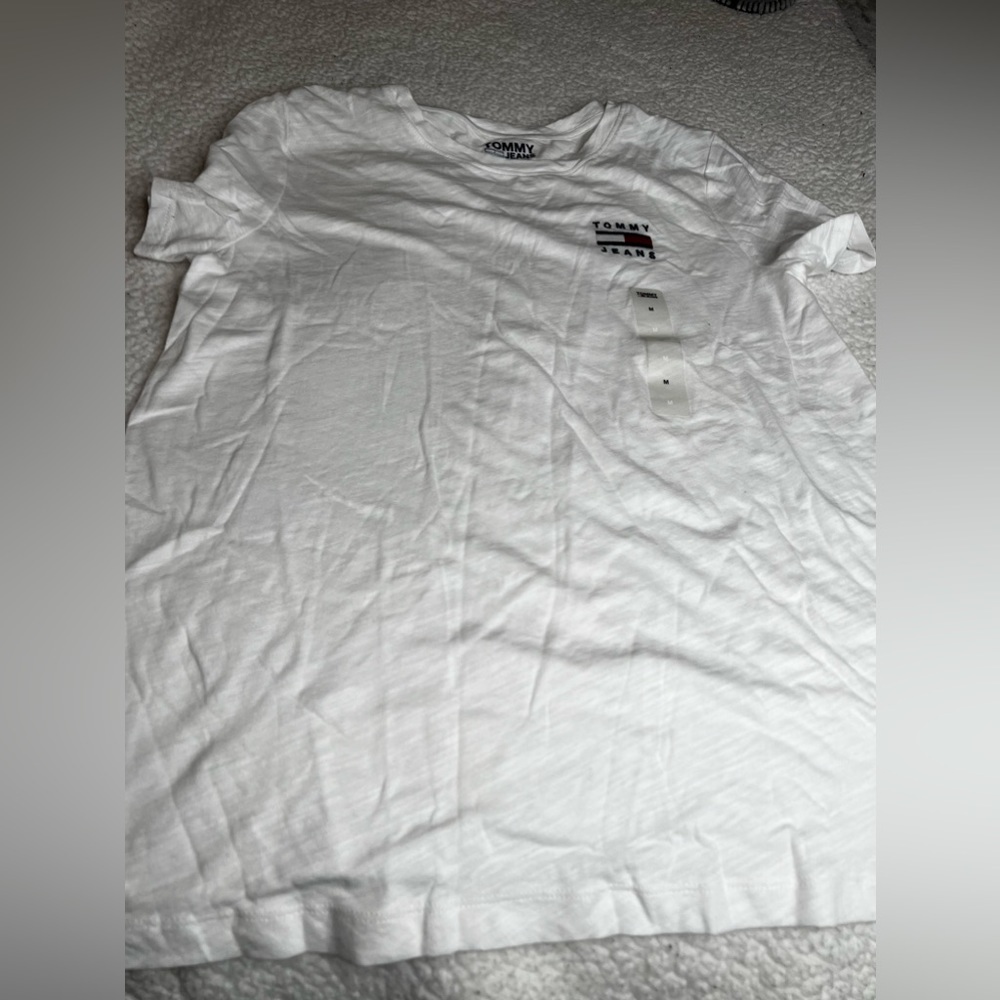 Tommy Jeans White Logo Crewneck T-Shirt Short Sleeve Womens M Minimalist NWOT